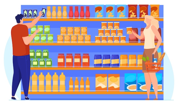 People choose goods near the shelves with products