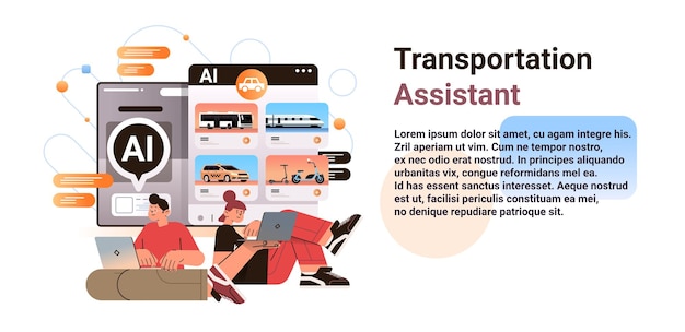 People choosing transport for traveling in computer app with ai helper bot transportation assistant artificial intelligence