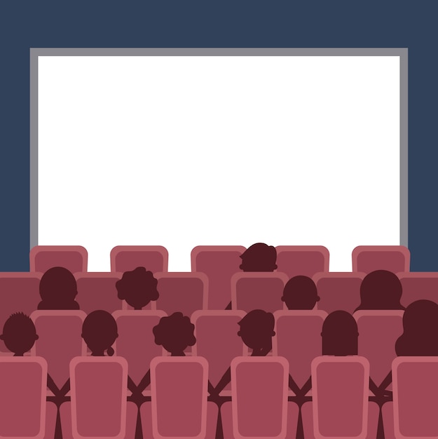 people cinema auditorium with seats and white blank screen