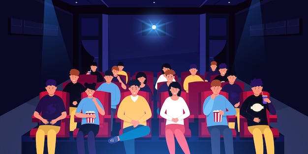 People in cinema Cartoon characters on holiday spending time in movie theater dark room interior with chairs and cinema projector Vector people watching movie