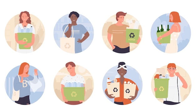 Vector people clean environment from garbage hold trash containers in round avatar set