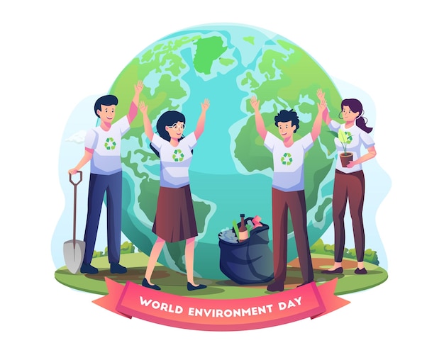 People clean garbage and plant trees around the globe earth on World Environment Day illustration