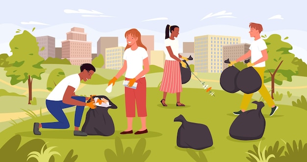 People clean summer garden helping to save nature of city park vector illustration Cartoon young volunteer characters collect rubbish teens group volunteering cleaning urban landscape background