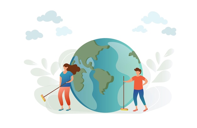 People clean up the planet and take care of it Earth day concept Illustration of the green planet earth on a white backgroundEnvironment day environmental protection