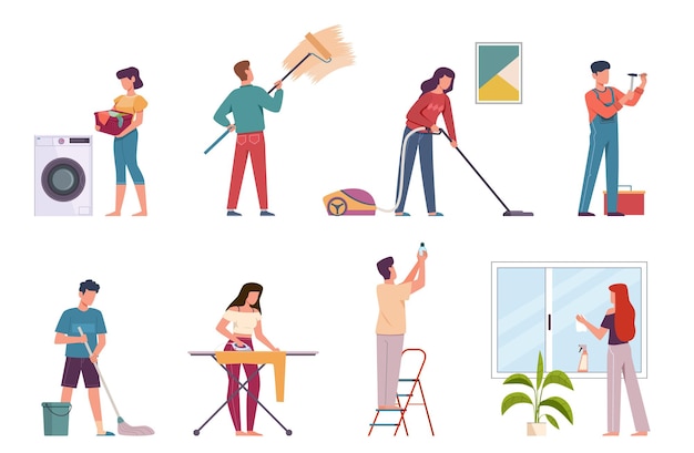 People cleaning. Housework cleaning company service, men and women doing chores. Ironing, washing floor and vacuuming vector housekeeping characters