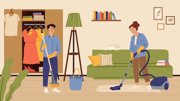 People cleaning living room Family washing floor and doing homework in apartment Clean day man woman in house vector illustration