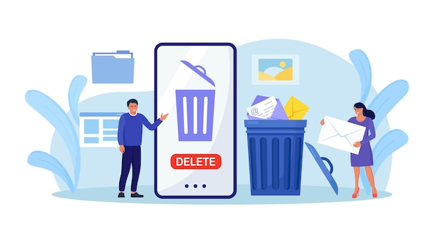 People cleaning mobile phone from trash files Man and woman deleting documents with software User removing folder with document mail spam to waste bin cleansing cache