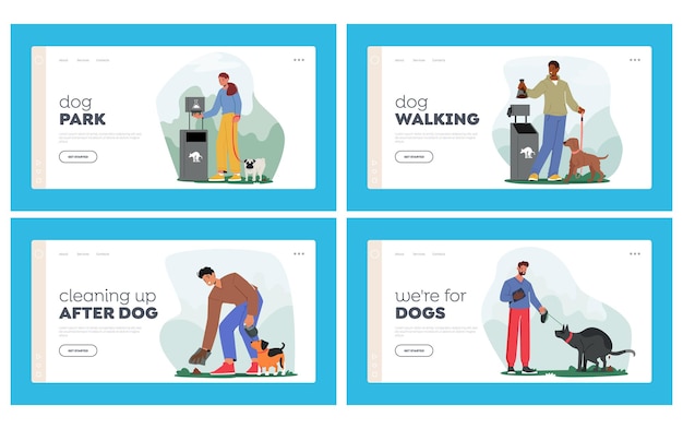 People Cleaning up Poop of their Dogs Landing Page Template Set Common And Necessary Task For Animal Owners