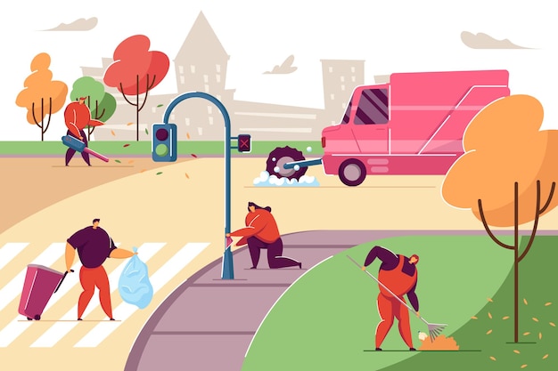 People cleaning up trash on city streets. Sprinkler-sweeper-collector washing road, female janitor sweeping leaves, man carrying bin with garbage flat vector illustration. Volunteer clean-up concept