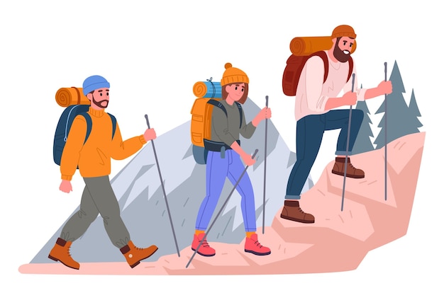 People climb mountain Hiking active tourists trekking and backpacking characters outdoor adventure flat vector illustration Tourists hiking on mountain trail