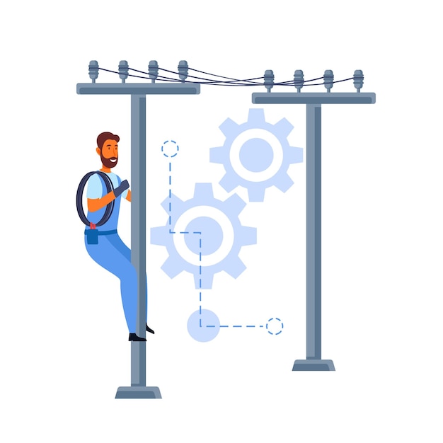 Vector people climbing electric poles holding the rope with gear background