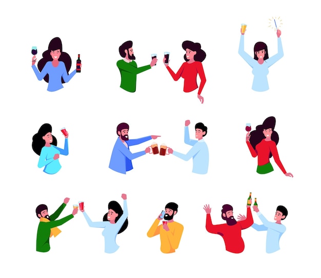 People clink glasses Friends on party celebrating together funny event with alcohol drink garish vector cartoon persons