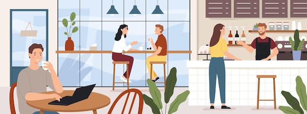 People coffeehouse. Cafe interior man and woman drinking coffees. Barista and customer in cafeteria or coffee shop, vector concept. Illustration cafe interior, man and woman in restaurant and coffee