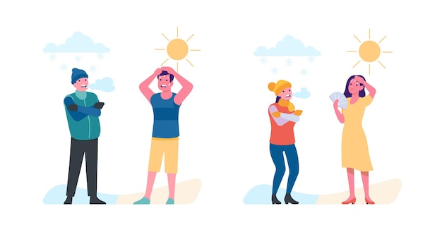 People on cold and heat Frosty or warm Hot days Man in beach clothes Sweat from heatstroke Woman in jacket and hat Shivering from freeze Summer and winter weather Vector concept