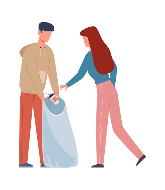 People collecting garbage Man and woman sorting recycling waste family separate trash in container volunteers pollution protect and ecology recycle concept flat vector cartoon isolated illustration