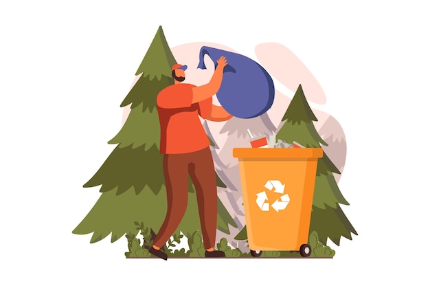 People collecting garbage web concept in flat design man gathering plastic and other waste in bag at