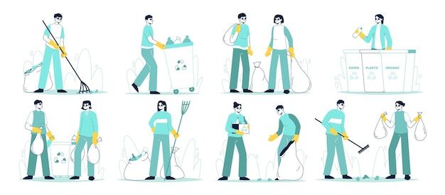 People collecting and sorting waste clean up garbage scenes vector symbols illustrations set