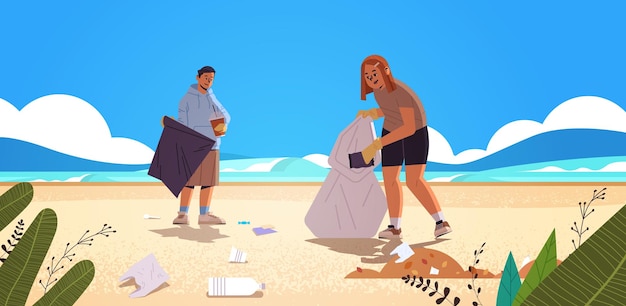 People collecting trash into bag beach cleanup generation Z lifestyle concept new demography trend with progressive youth gen