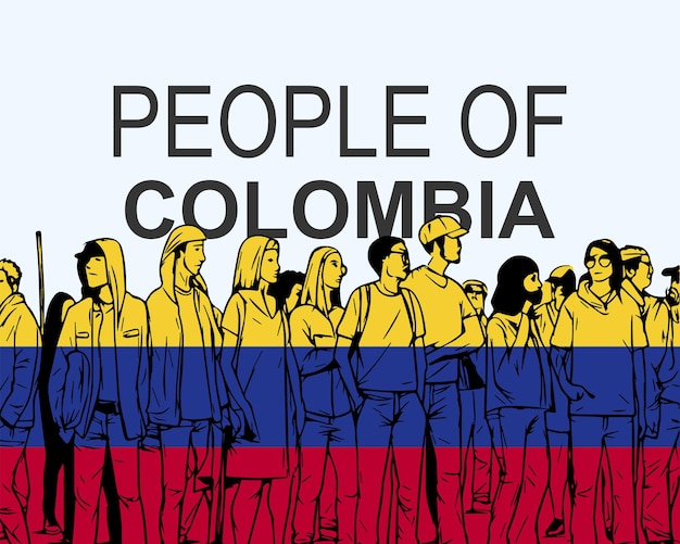 People of Colombia with flag silhouette of many people gathering idea