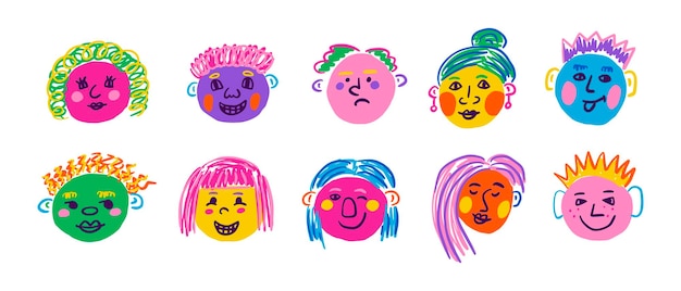 Vector people colorful face set funny portraits modern abstract character in doodle style