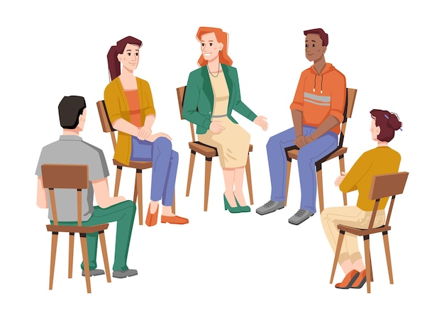 People communicating in group therapy isolated circle of men and women from different races talking