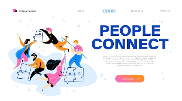 People connect concept Landing page design template webpage ui mobile app People put puzzle pieces together Togetherness internet community metaphor Vector flat illustration