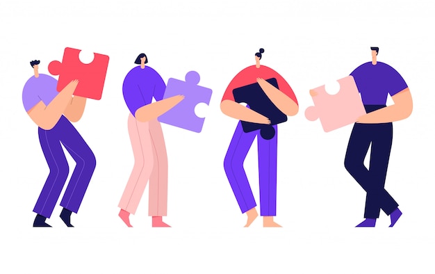 People connecting puzzle elements, business concept, team metaphor. Symbol of teamwork, cooperation, partnership. Flat   illustration.