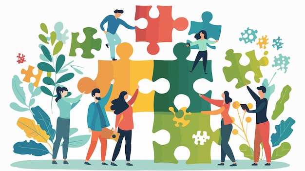 People Connecting Puzzle Elements Vector Illustration