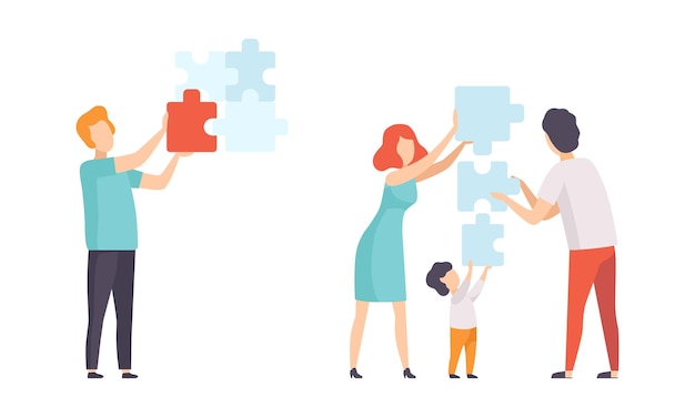 Vector people connecting puzzle pieces set family trying to find solution together flat vector illustration