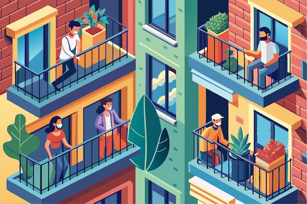 People converse and relax on their balconies surrounded by greenery during a sunny day in the city Neighbours on balconies or windows during coronavirus Customizable Flat Illustration