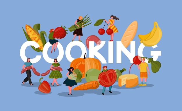 Vector people cooking food restaurant meal dinner cuisine tiny characters and huge lettersmen and women hold big fruit and vegetables tasty lunch vegan nutrition vector cartoon flat concept