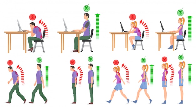 Vector people in correct and wrong spine positions