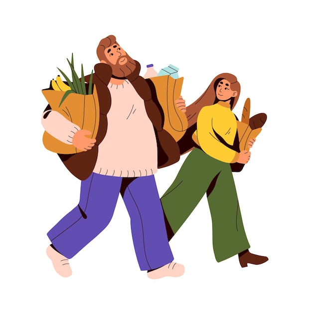 People couple carrying paper bags from grocery store Happy man and woman going from supermarket shopping Family walking with food products Flat vector illustration isolated on white background