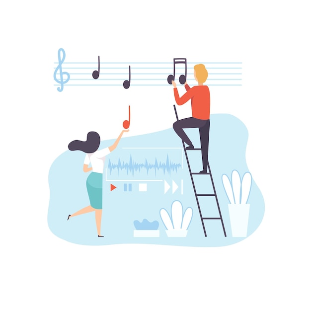 Vector people creating musical content technology process of software development social media marketing vector illustration on white background