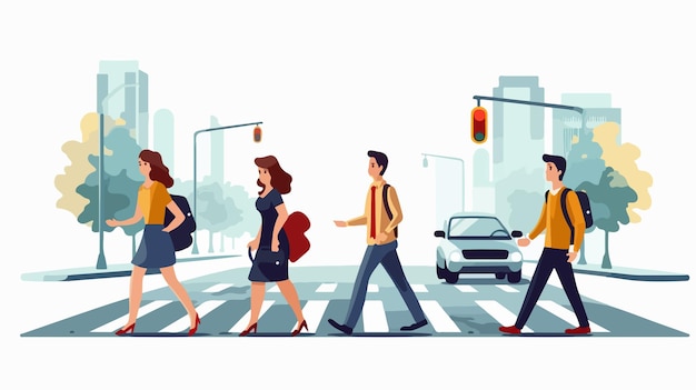 Vector people crossing crossroad together in urban environment