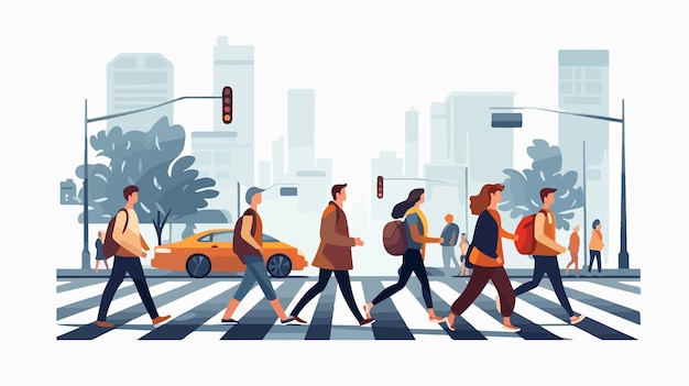 Vector people crossing crossroad together in urban environment