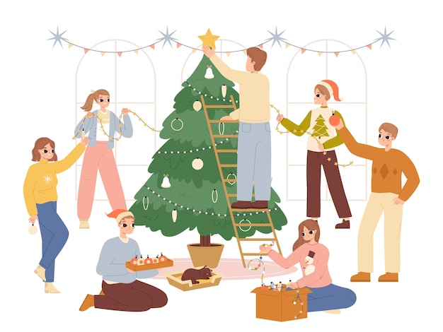 Vector people decorate christmas tree at home friends company prepare xmas znd new year party young adults teengers or family snugly vector scene