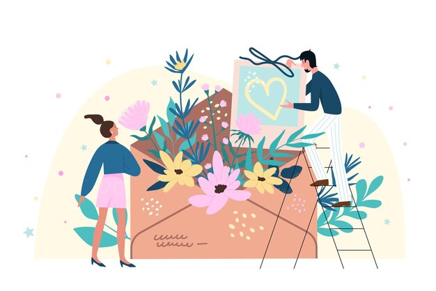 Vector people decorating envelope with flowers