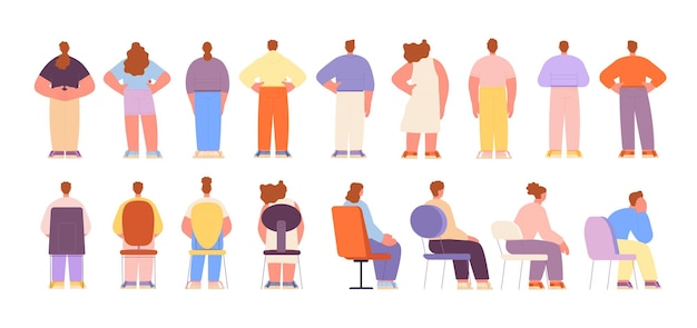 People in different poses Backs characters isolated standing and sitting man woman Diverse back view person sit on chair utter vector collection