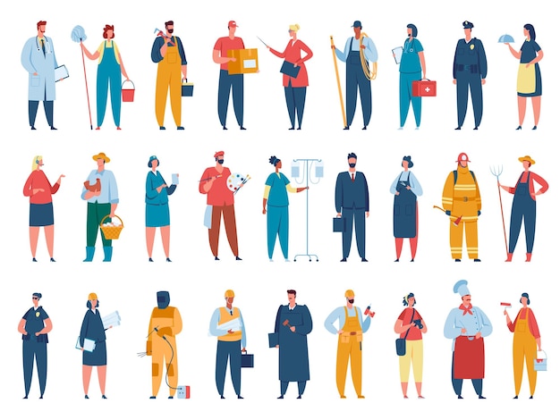 People of different professions in uniform doctor and firefighter, businessman and policeman. Vector people worker, scientist and manager, fireman and workman illustration