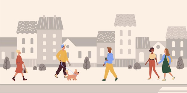 People of different races are walking the street on the grey background of the street with houses