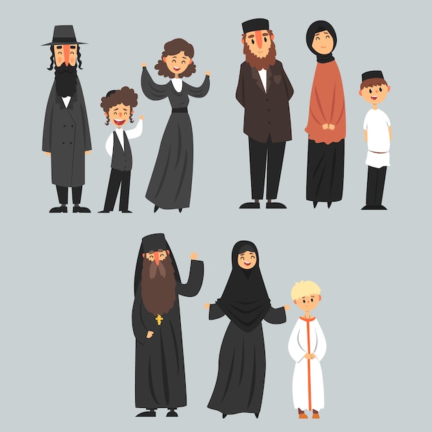 People of different religions in traditional clothes, Jewish, Muslim, Orthodox family  Illustrations