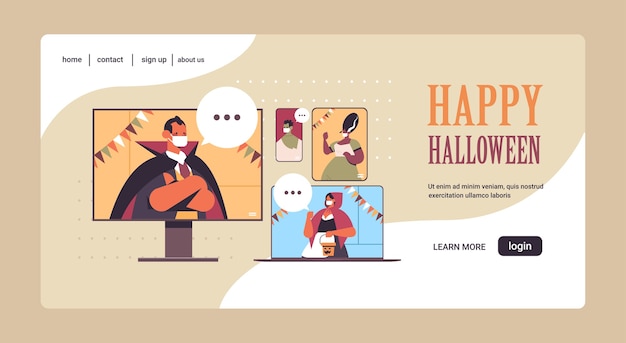 Vector people discussing during video call happy halloween party coronavirus quarantine online communication men women in different costumes on digital devices screens portrait horizontal vector illustration