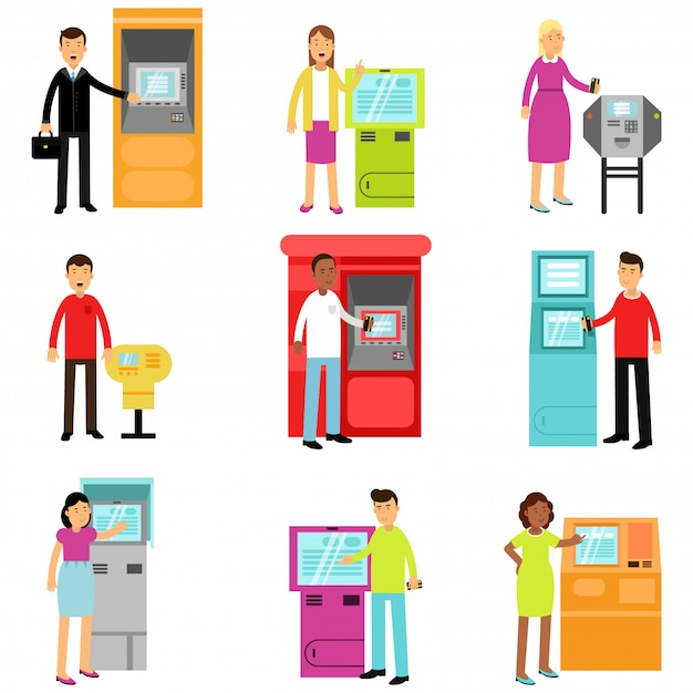 People doing ATM machine money deposit or withdrawal set, man and woman using ATM terminal colorful   Illustrations