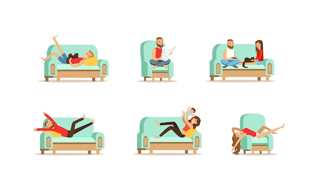 People Doing Different Activities while Sitting on Sofas Set Young Men and Women Relaxing Reading Having Fun on Couch Cartoon Vector Illustration