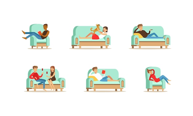 People Doing Different Activities while Sitting on Sofas Set Young Men and Women Relaxing Watching TV Drinking Wine Cartoon Vector Illustration