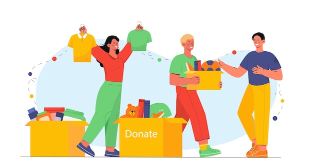 Vector people donate concept men and woman with cardboard boxes send clothes and toys to orphanage generosity and kindness charitable foundation volunteers cartoon vector illustration