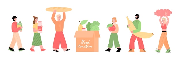 People donating food in donation box flat cartoon vector illustration isolated