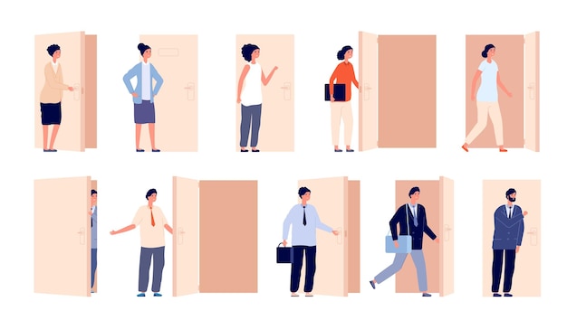 People at door Open doors business man opened entry or exit Cartoon women men looking or peeking boss watching from aisle utter vector set