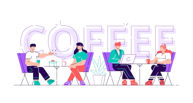 People Drink Coffee Motivation Typography Banner. Man and Woman Talking at Cafe Table on Advertising Flyer. Creative Lunch Concept for Cafeteria Print Poster Flat Style Cartoon  Illustration